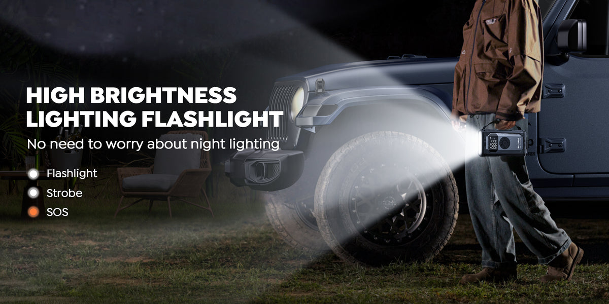 Buture Beta06 car jump starter with high brightness emergency flashlight – ideal for nighttime car repair, outdoor lighting, and SOS situations with its flashlight, strobe, and SOS modes.