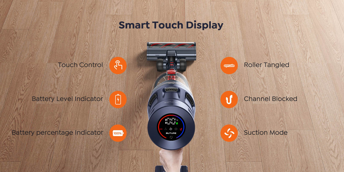 Buture BP20 cordless vacuum cleaner with smart LED touchscreen display, detects and adjusts settings in real-time, giving you longer runtime and complete cleaning confidence.