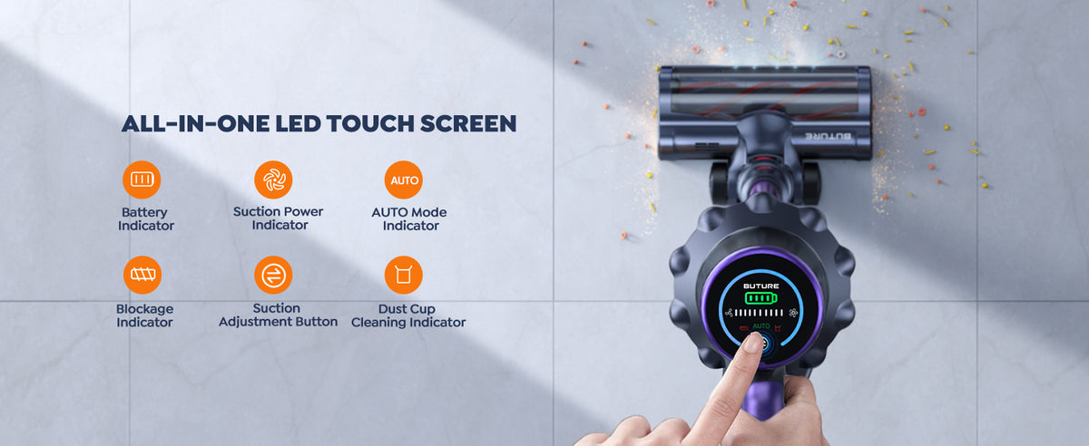 Buture VC70 Cordless Vacuum Cleaner – All-in-one LED touch screen displaying battery level, suction power, AUTO mode status, blockage alerts, and dust cup cleaning reminders, with a touch button for adjusting suction settings easily and intuitively.