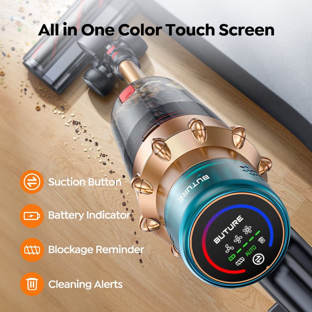 Buture VAC01 vacuum cleaner with smart color touch screen for real-time monitoring and easy control.