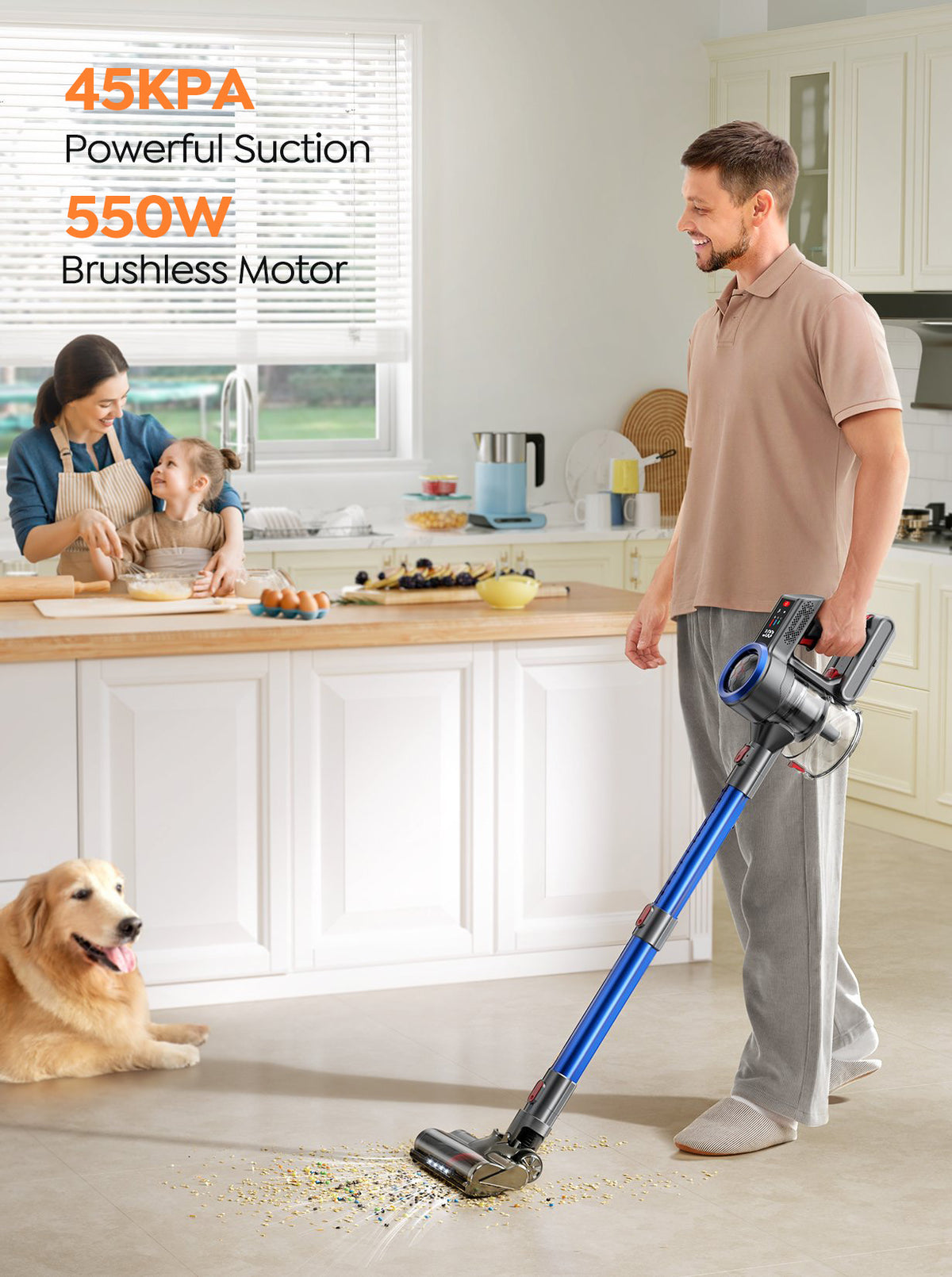 JR700 blue cordless vacuum cleaner with 550W brush motor to deliver 45KPA powerful suction.