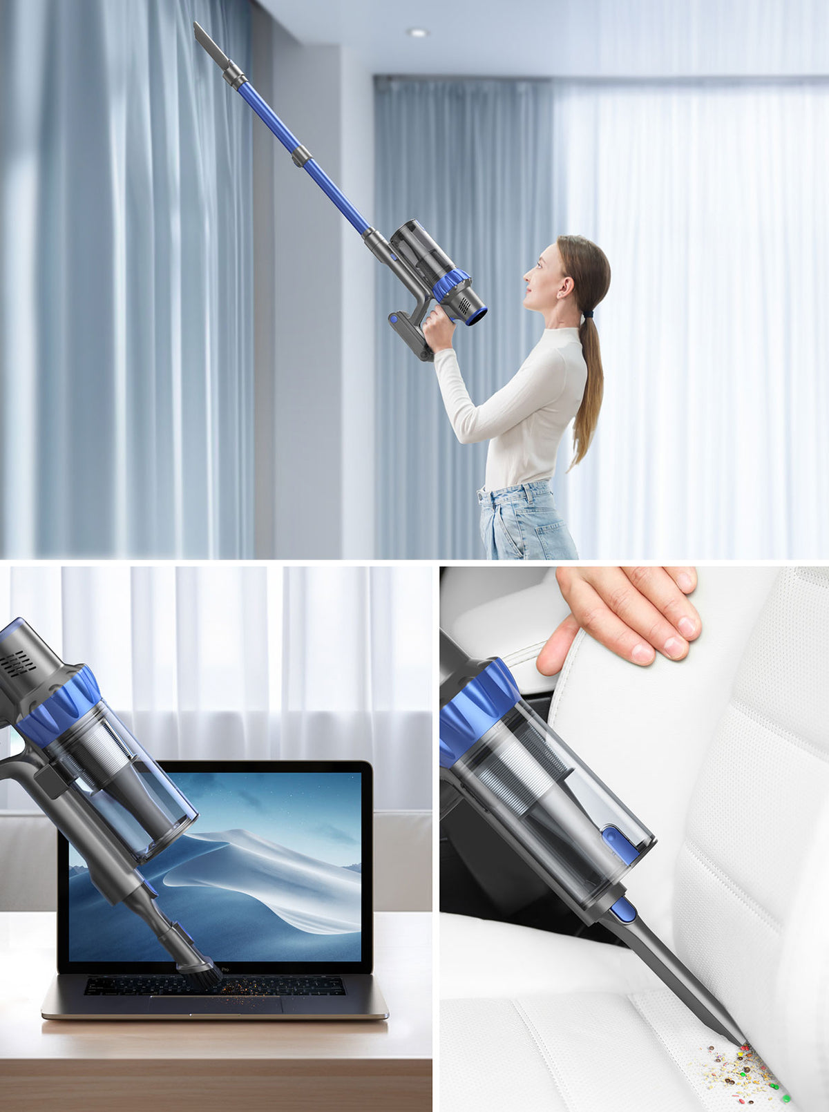 BP10 cordless vacuum cleaner with 3 specialized accessories: telescopic tube for high-reach cleaning, 2-in-1 brush for keyboards or furniture, and crevice nozzle for tight spaces.