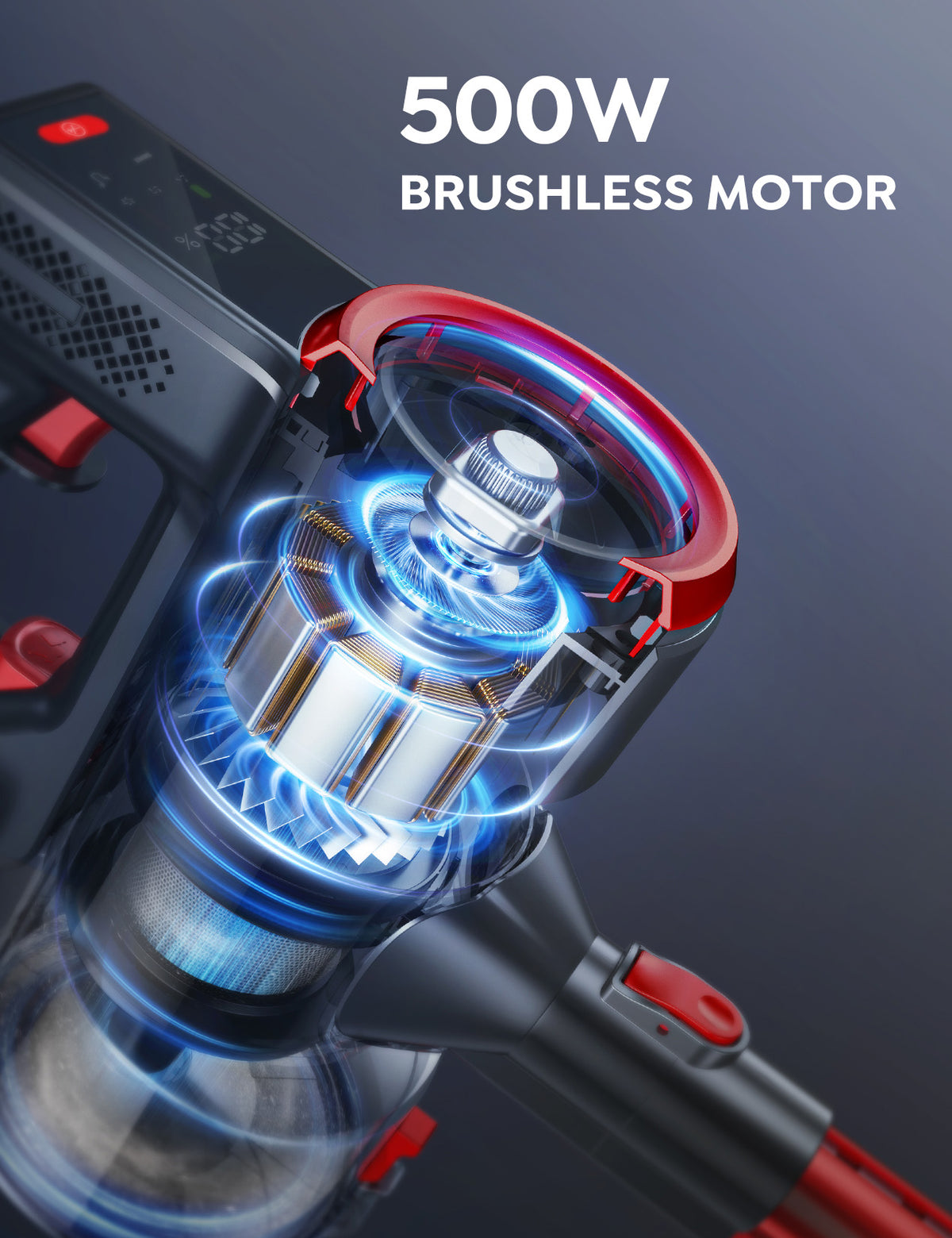 Buture JR700 red cordless stick vacuum cleaner with a 500W brushless motor for a quiet but powerful cleaning.