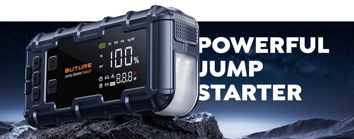 Buture Beta07 Powerful 6000A force start technology jump starter, designed to quickly revive dead 12V batteries for all gas engines and up to 12L diesel engines, delivering high-performance and reliable vehicle starting power.