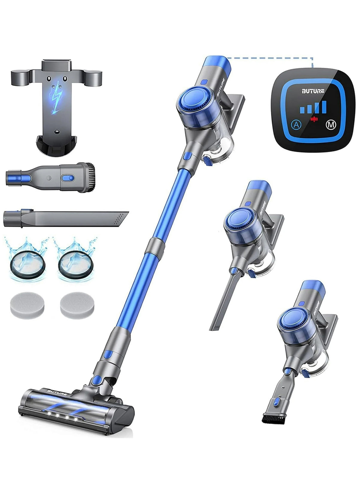 VC50 blue cordless vacuum cleaner accessories kit: floor brush, roller brush, 2-in-1 brush, crevice nozzle, wall mount, HEPA filters, stainless steel filter, dust cup, fragrance tablets, and telescopic tube.