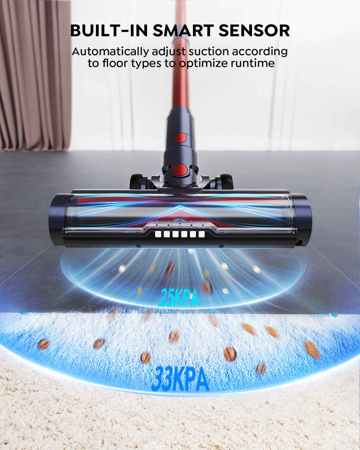 VC50 red vacuum floor brush with built-in smart sensor - automatically adjust suction according to floor types to optimize runtime.