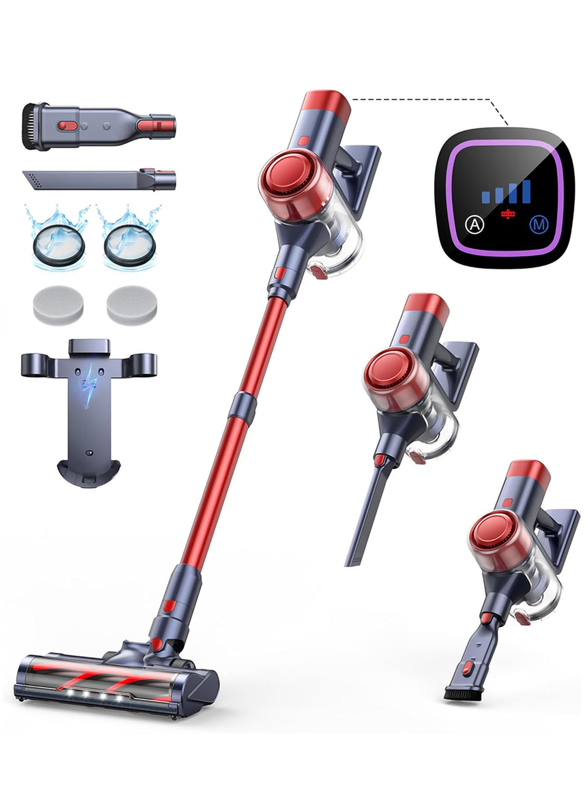 VC50 red cordless vacuum cleaner accessories kit: floor brush, roller brush, 2-in-1 brush, crevice nozzle, wall mount, HEPA filters, stainless steel filter, dust cup, fragrance tablets, and telescopic tube.