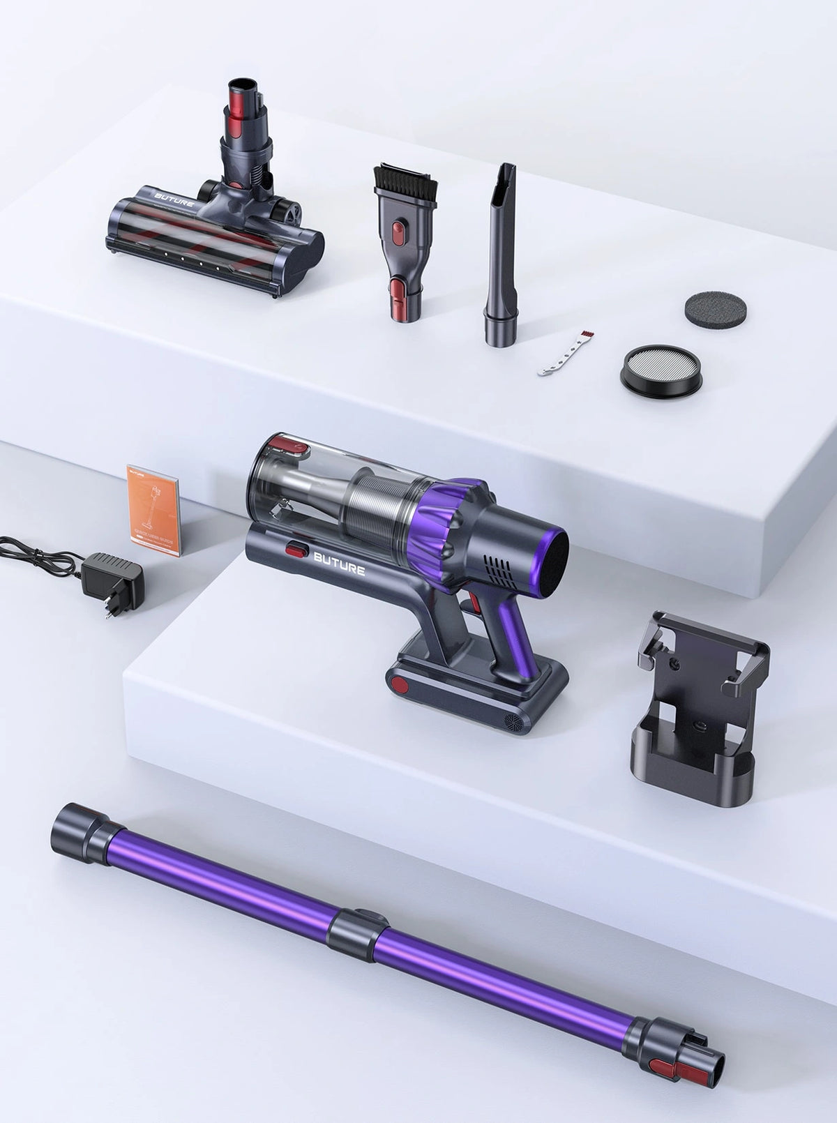 VC70 cordless vacuum cleaner pack includes: main body with battery & dust cup, telescopic tube, vacuum brush head, 2-in-1 brush, crevice nozzle, HEPA & sponge filters, adapter, wall mount, and user manual.