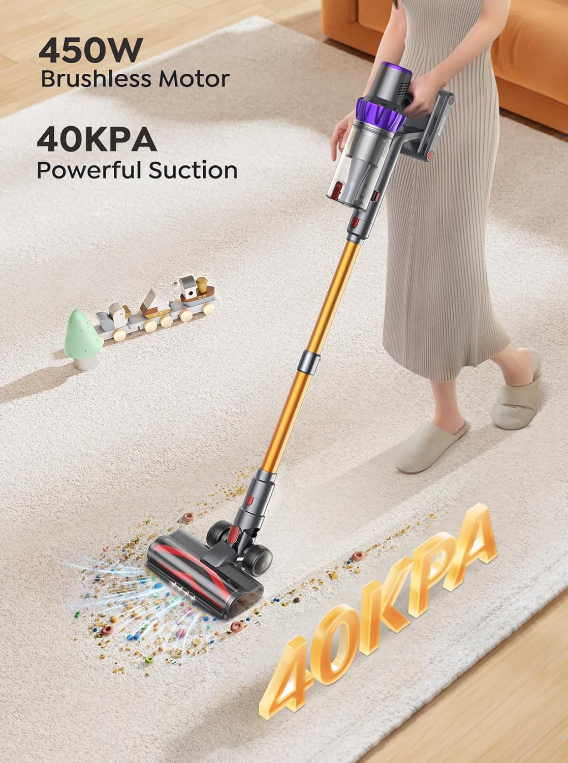 VC80 cordless vacuum cleaner with 450W brushless motor – delivers 40KPA ultra-powerful suction for deep carpet and floor cleaning.