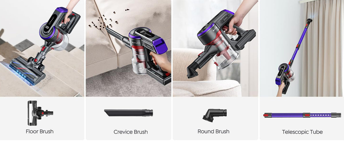 Buture JR400 cordless vacuum cleaner includes a floor brush, crevice tool, round brush, and telescopic tube suitable for versatile cleaning on floors, tight spaces, upholstery, and high areas.