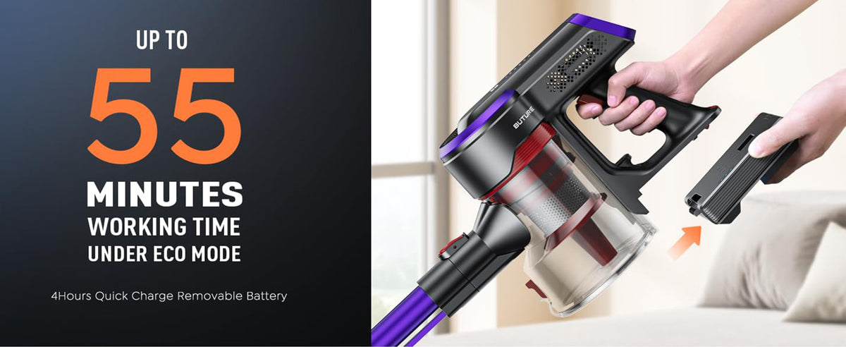 Buture JR400 cordless vacuum cleaner features a removable battery with up to 55 minutes of runtime in Eco mode and a quick 4-hour full charge for extended cleaning sessions.