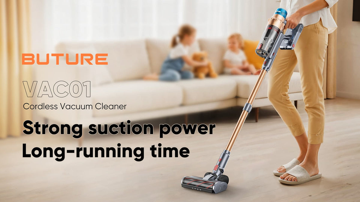 The Buture VAC01 is engineered for deep cleaning with its high-performance 550W motor and powerful 45kPa suction. It easily removes pet hair, surface debris and embedded dirt, outperforming 95% of vacuums on the market, making it ideal for carpets and hardwood floors.