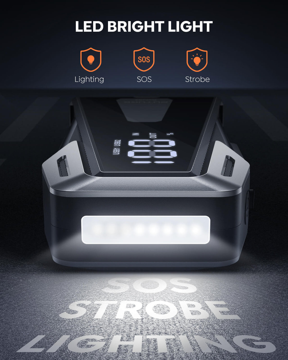 Emergency flashlight on the Buture Beta02 Jump Starter with three modes: Lighting, SOS, and Strobe