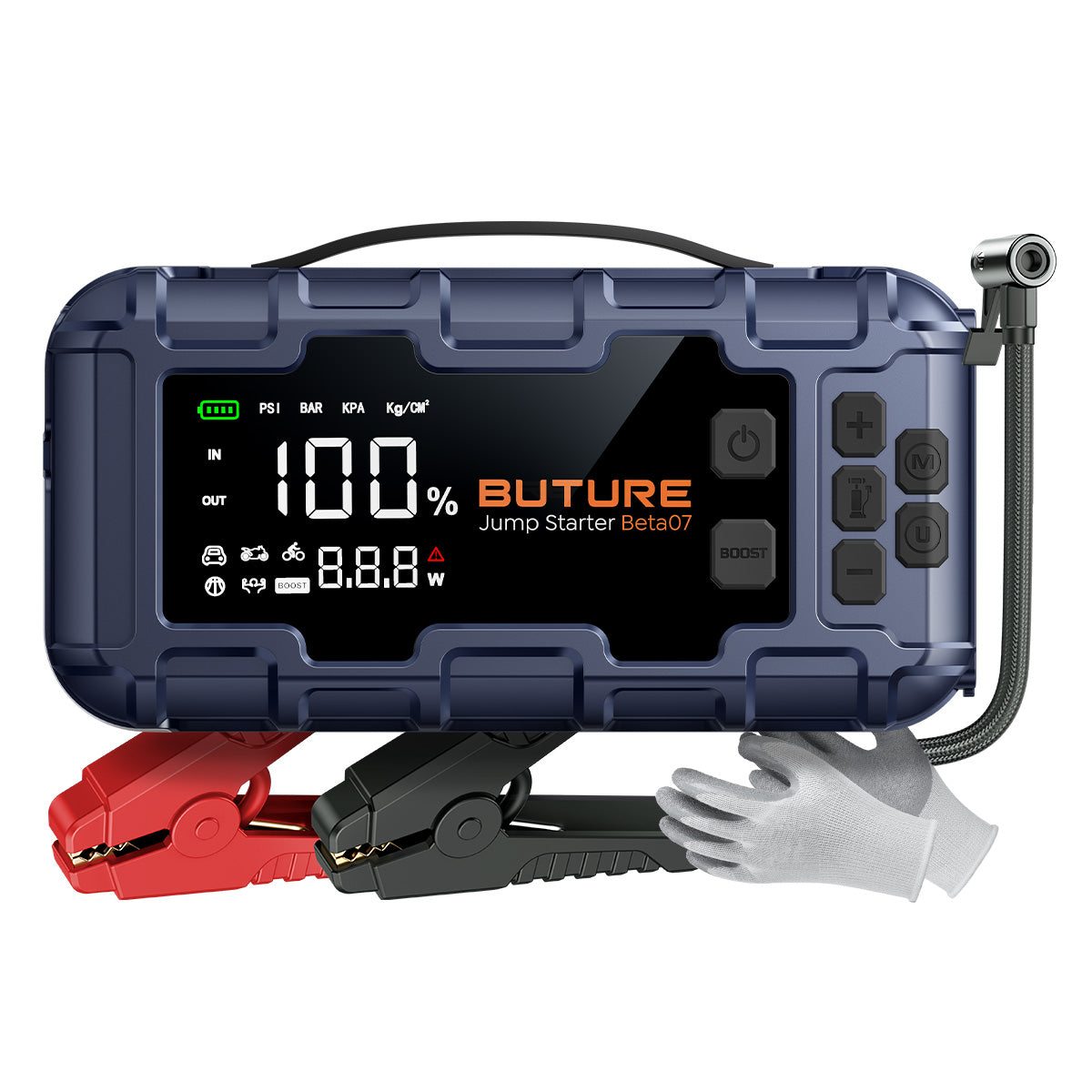Buture Beta07 10-in-1 car jump starter with 6000A peak, air compressor, 45W PD fast charge and LED light.