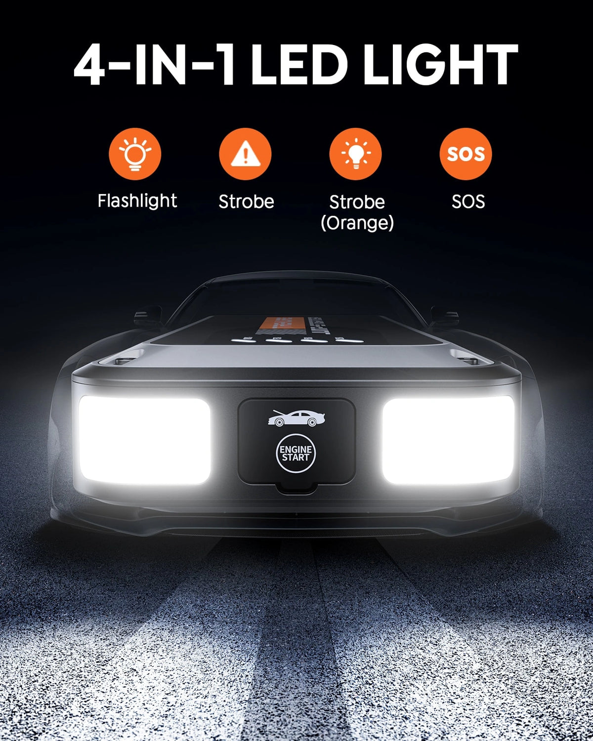 Buture Beta08 compact jump starter with 4 LED light modes: flashlight, strobe, strobe(orange), SOS