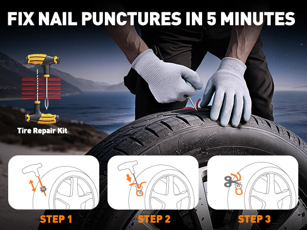 Buture Beta09 jump starter with tire repair kit for quick nail puncture fixes, allowing fast on-the-road repairs without waiting for assistance.