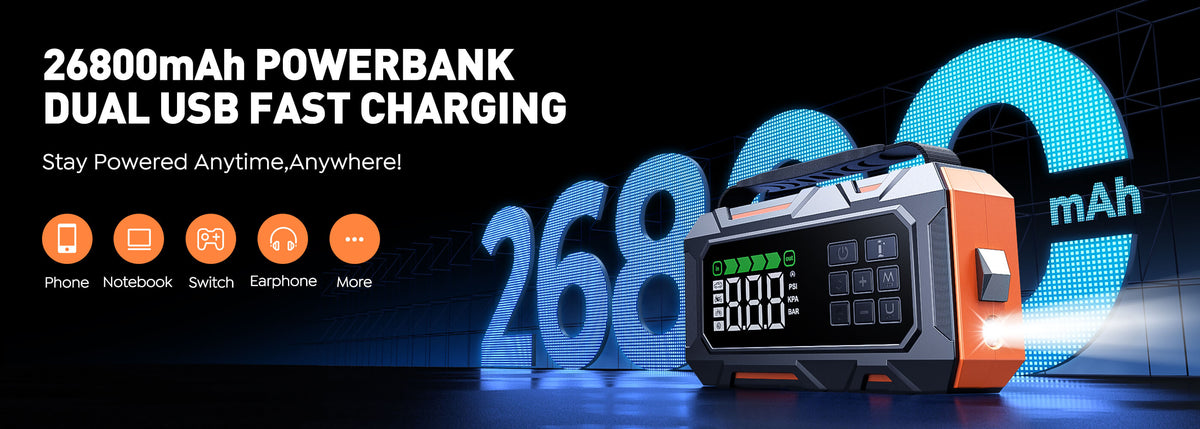 Buture Beta09 26800mAh portable power bank with dual USB outputs including USB-C, 18W fast charging for phones, tablets, cameras, ideal for road trips, camping, and emergencies.