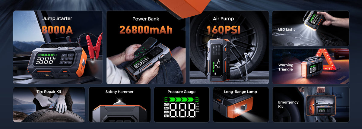 Buture Beta09 8-in-1 car jump starter with power bank, air pump, LED light, warning triangle, tire repair kit, safety hammer, and long-range lamp.