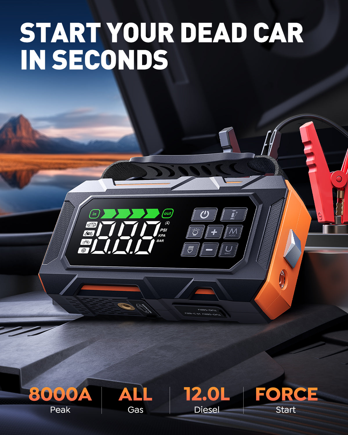 Buture Beta09 car jump starter is able to start your dead car in seconds with 8000A peak perfect for 12.0L diesel engines.