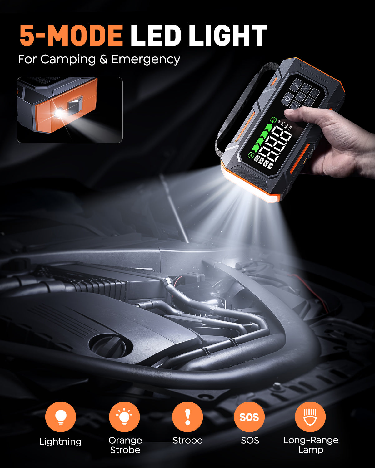 Buture Beta09 car jump starter features 5-mode LED light, including lighting, orange strobe, strobe, SOS, long-range lamp.