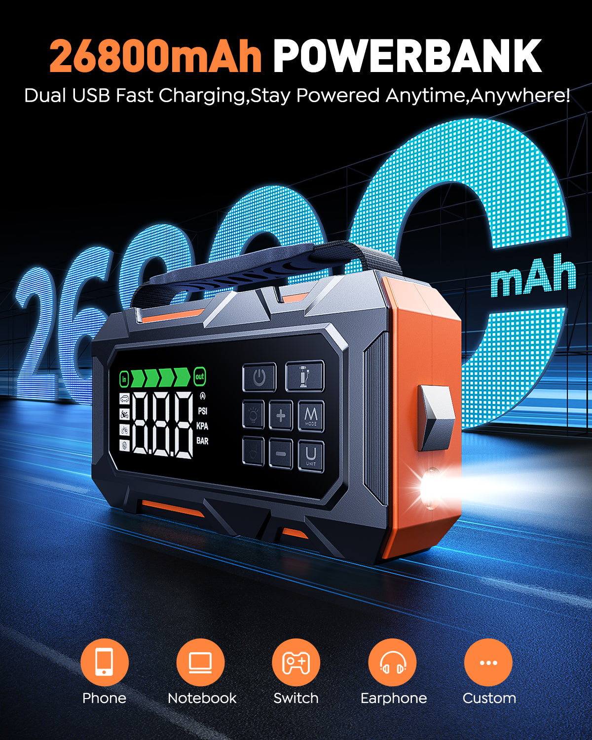 Butrue Beta09 jump starter also serves as a 26800mAh powerbank for USB fast charging.