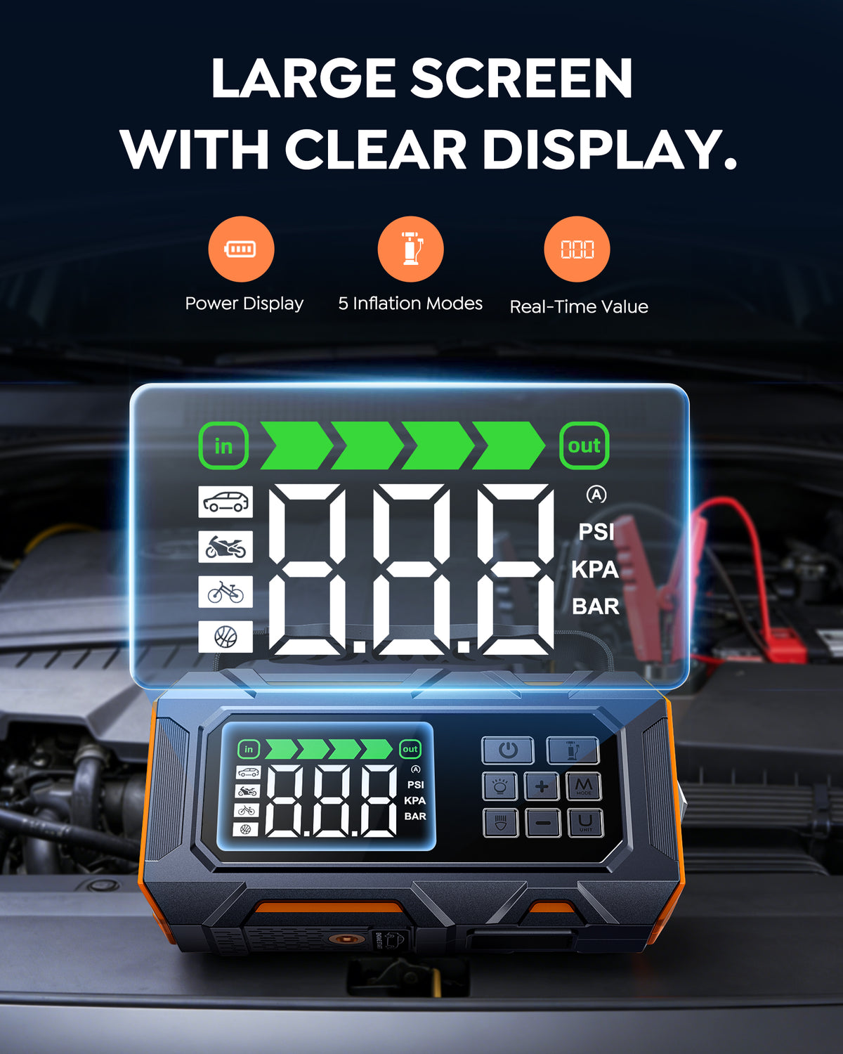 Buture Beta09 jump starter has a large screen with clear display showing power status, inflation modes, and real-time value.