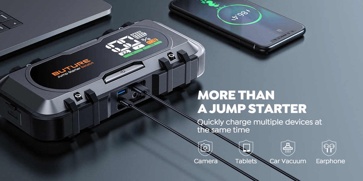 More than a jump starter, Buture Beta04 quickly charges multiple devices simultaneously, including cameras, tablets, car vacuums, and earphones.