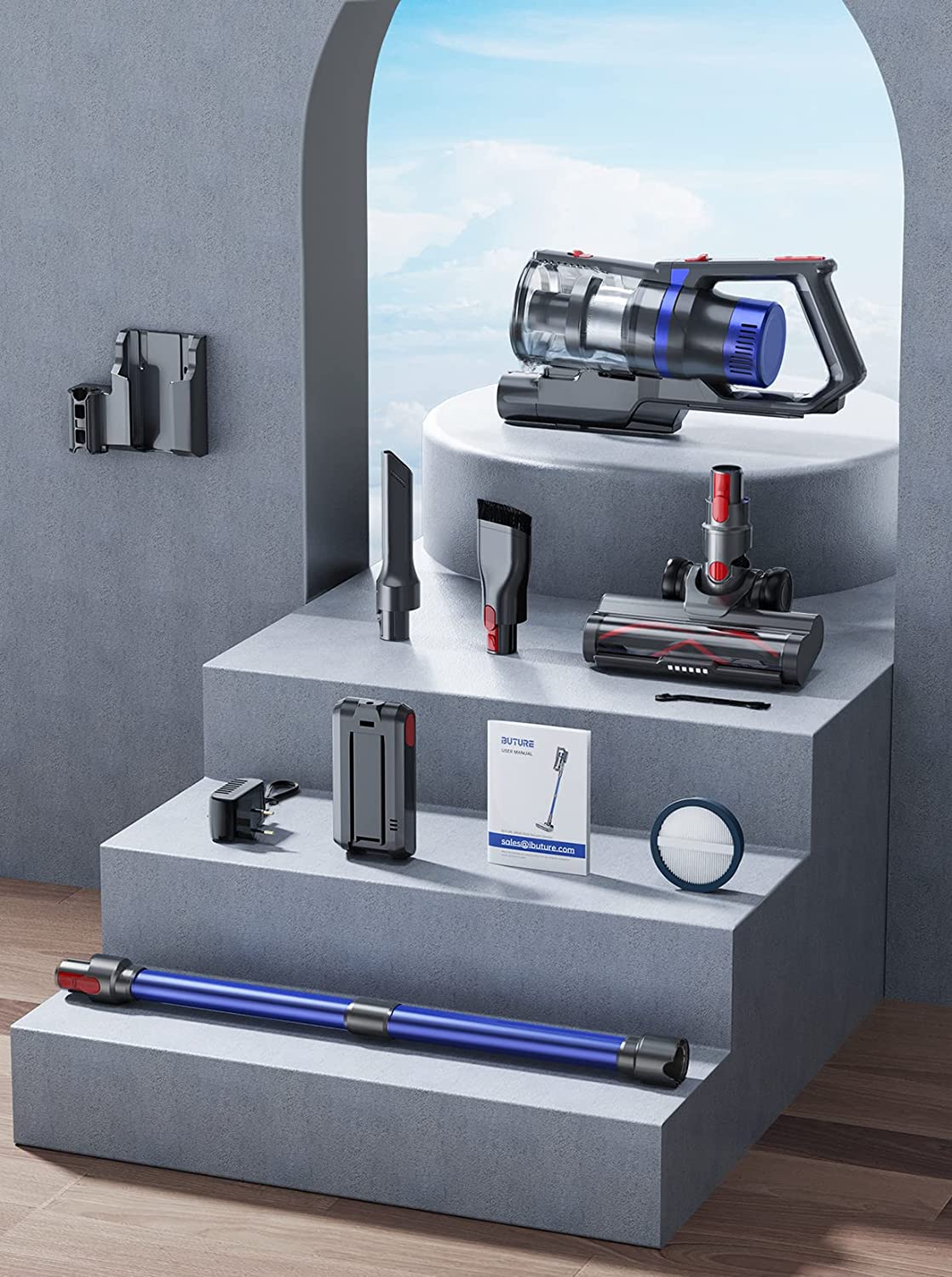 Buture JR500 handheld vacuum cleaner accessories kit: floor brush, roller brush, 2-in-1 brush, crevice nozzle, wall mount, HEPA filters, stainless steel filter, dust cup,and telescopic tube.