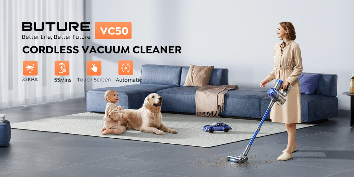 Buture VC50 Blue cordless vacuum cleaner with intelligent cleaning for every surface, 33KPA suction power, up to 55 minutes runtime, touch screen controls, and automatic operation mode.