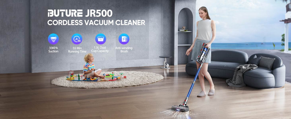 Buture JR500 cordless vacuum cleaner delivers unmatched power with 33 kPa suction, up to 55 minutes runtime, a 1.5 L dust cup, and an anti-winding brush for tangle-free cleaning.
