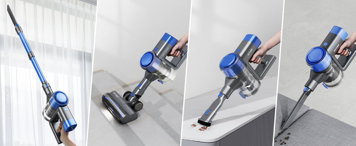 Buture VC50 Blue cordless vacuum cleaner comes with various attachments for different cleaning occasions: extended tube for high areas, floor brush (not connecting to telescopic tube) for stairs, 2-in-1 brush for desktops, and crevice nozzle for sofa seams.