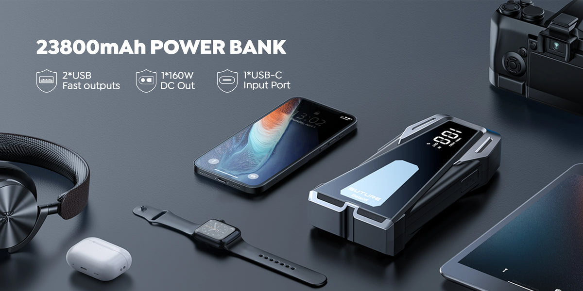 Buture Beta05 with 23800mAh capacity serves as portable power bank , equipped with 2 USB Fast outputs, 1 USB-C input port, 160W DC out, and fast charging support for versatile device powering.
