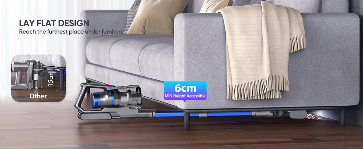 Buture JR500 cordless vacuum cleaner features a lay-flat design reaching as low as 6 cm to clean under furniture, compared to other vacuums with a minimum clearance of 15 cm.