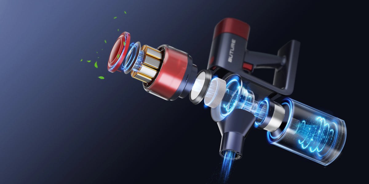Detailed view of the Buture VC50 Red cordless vacuum’s four-layer filtration system designed to improve dust and allergen removal.
