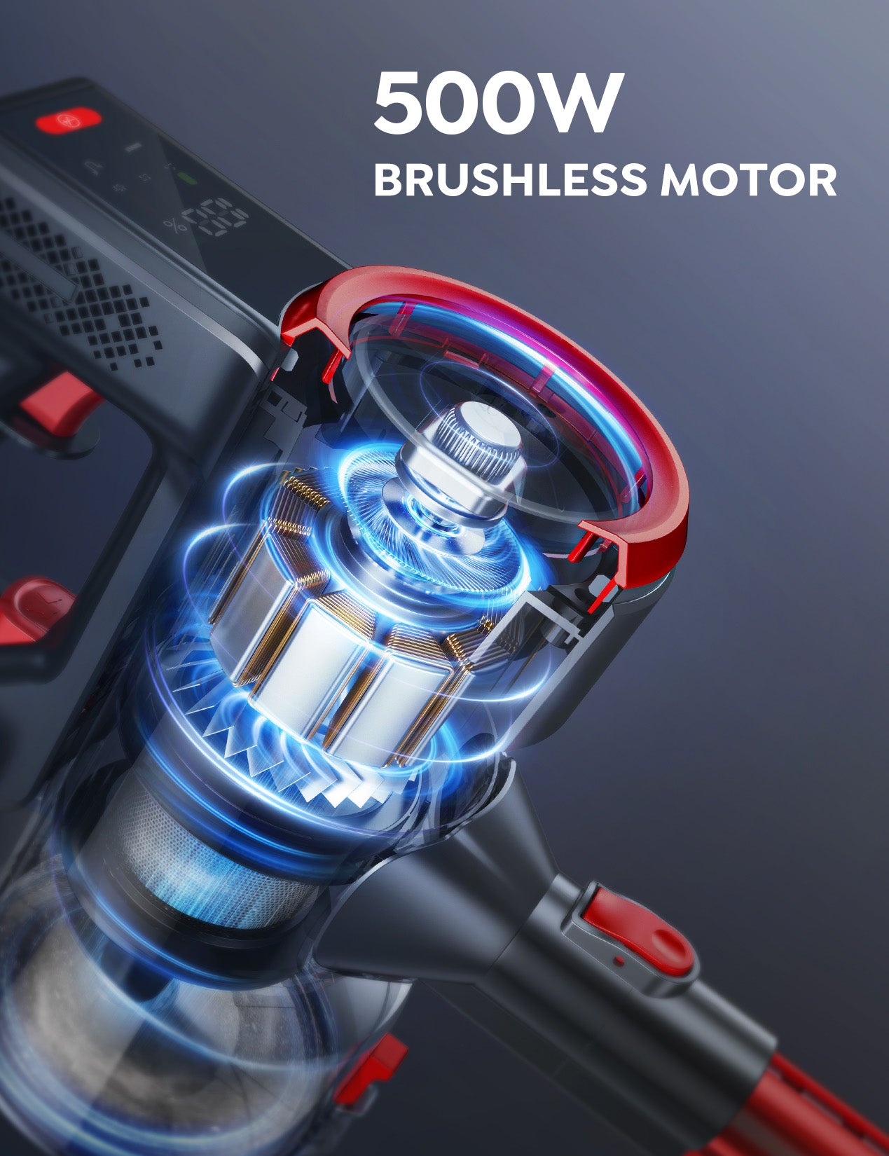 Buture JR700 red cordless stick vacuum cleaner with a 500W brushless motor for a quiet but powerful cleaning.