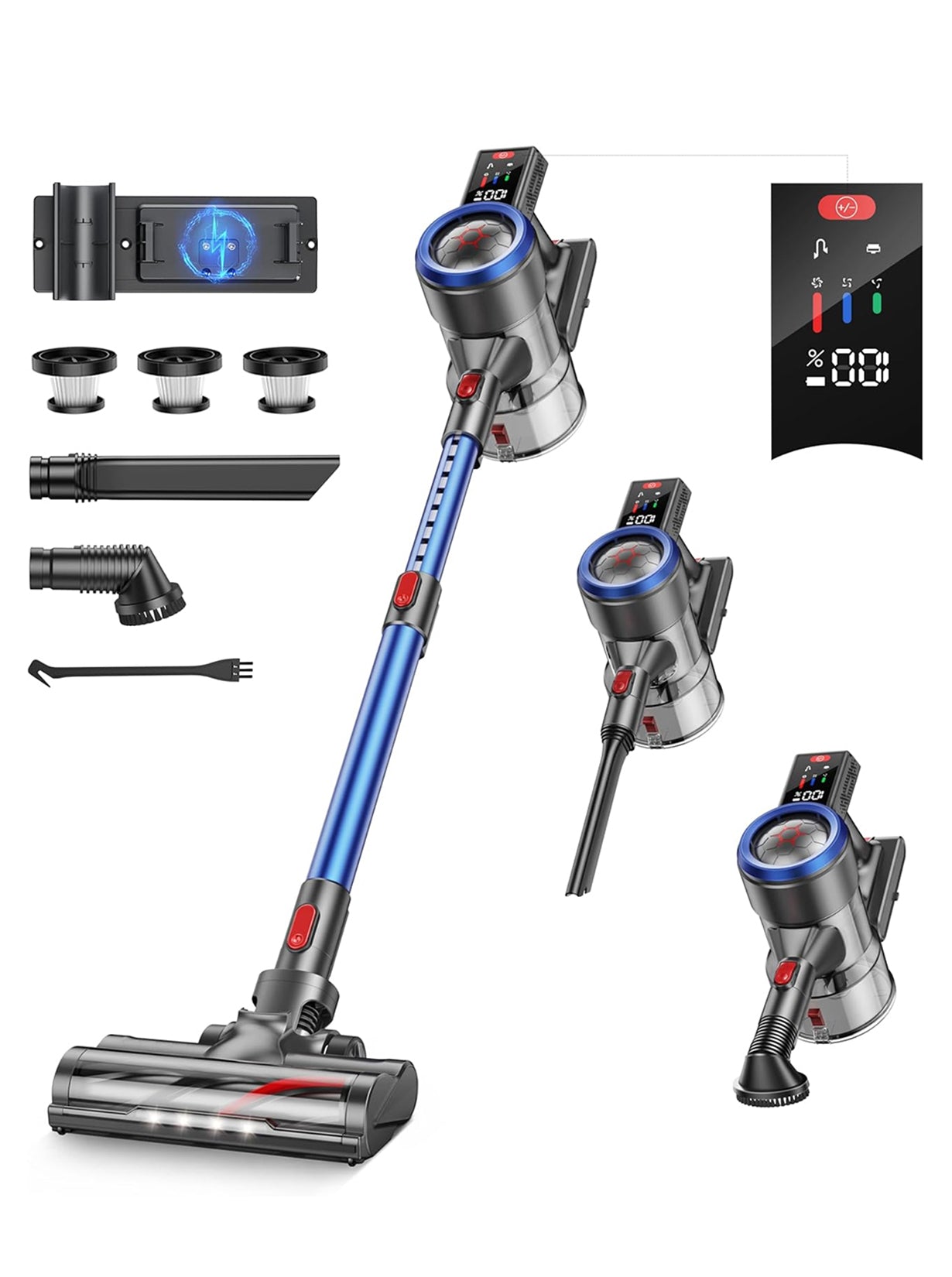 JR700 blue cordless vacuum cleaner  accessories kit: floor brush, roller brush, 2-in-1 brush, crevice nozzle, wall mount, HEPA filters, stainless steel filter, dust cup, fragrance tablets, and telescopic tube.