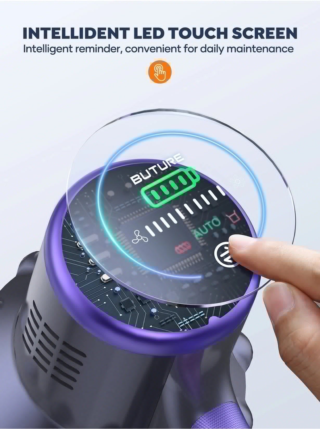 VC70 cordless vacuum with intelligent LED touch screen - provides smart maintenance reminders for roller brush and dust bin cleaning care.