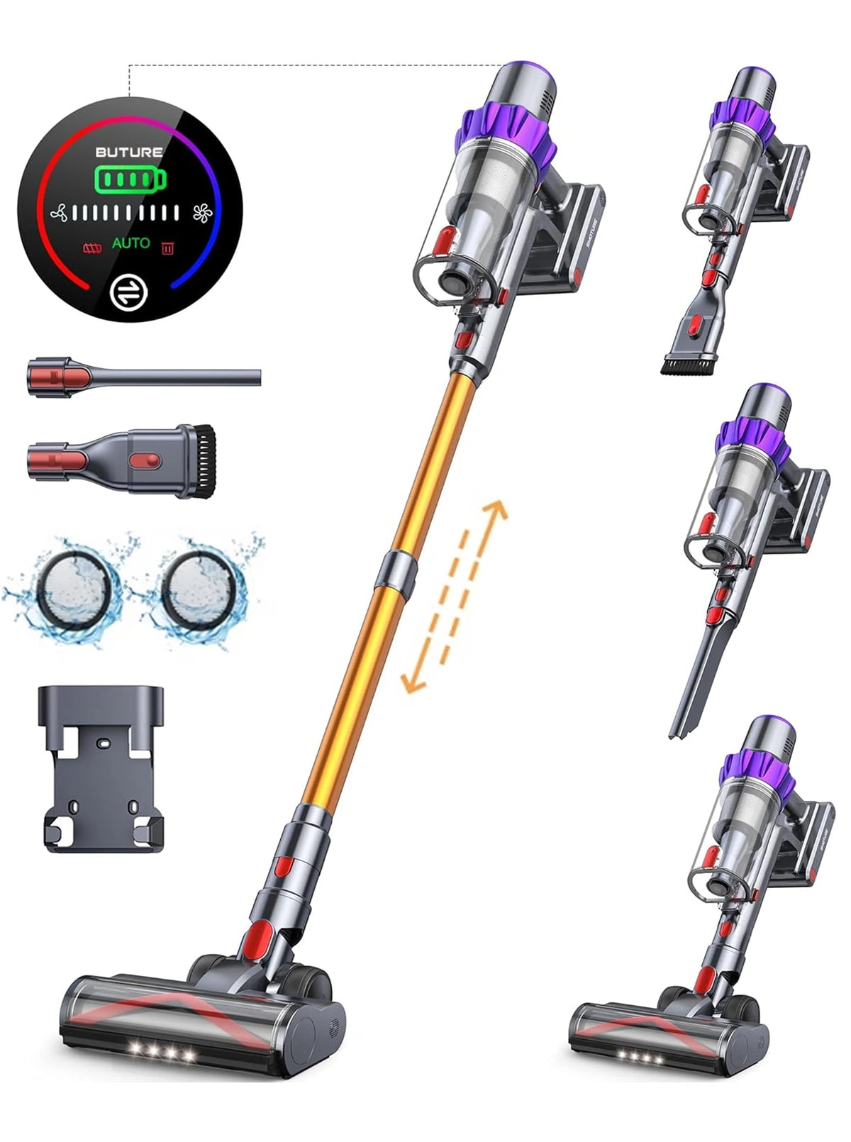 VC80 cordless vacuum cleaner accessories kit: floor brush, roller brush, 2-in-1 brush, crevice nozzle, wall mount, HEPA filters, stainless steel filter, dust cup, and telescopic tube.
