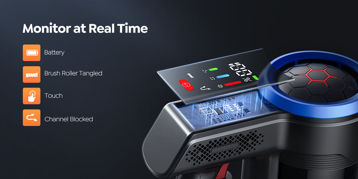 Real-time LED display on the Buture JR700 vacuum shows battery level, allows easy setting adjustments, and provides alerts for blockages or brush issues.