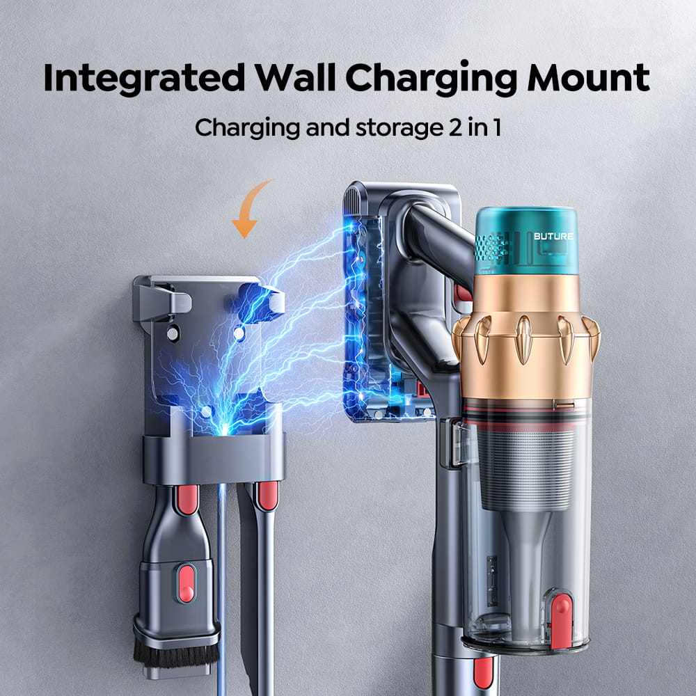 Buture VAC01 upright vacuum cleaner​ has an integrated wall charging mount, making charging and storage 2 in 1.