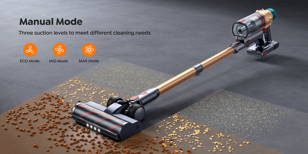 VAC01 upright vacuum cleaner​ has three suction levels to meet different cleaning needs in Manual Mode.