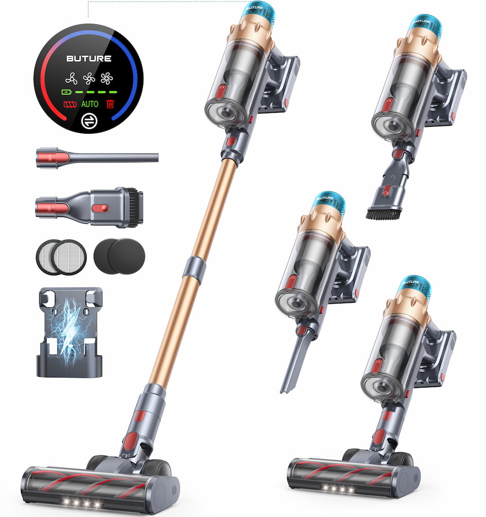 Buture VAC01 vacuum cleaner includes 9 accessories for cleaning floors, furniture and tight spaces.