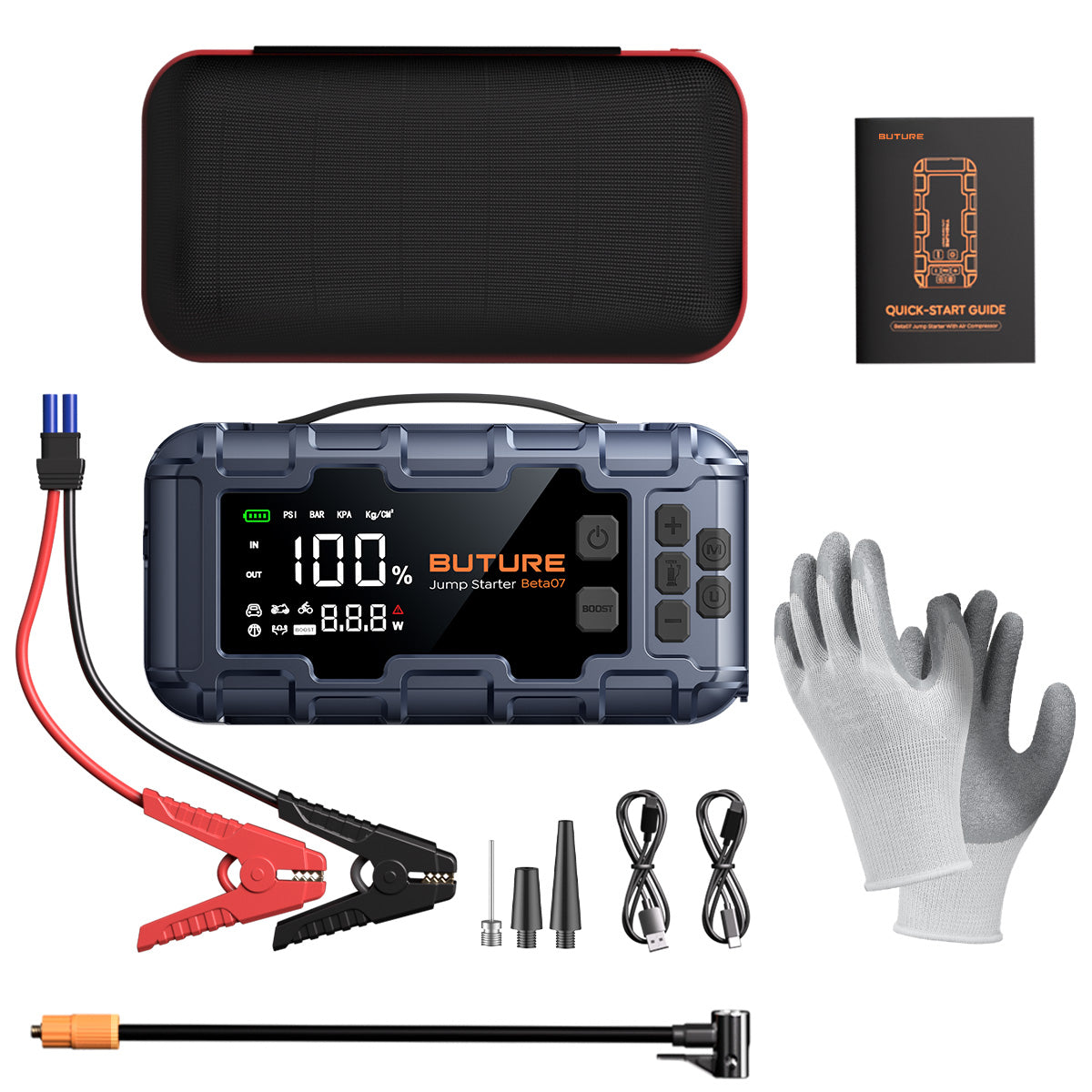 Buture Beta07 kit includes the main jump starter, heavy-duty clamps, a detachable air hose with 3 valve connectors, USB/USB-C cables, safety gloves, and an instruction manual.