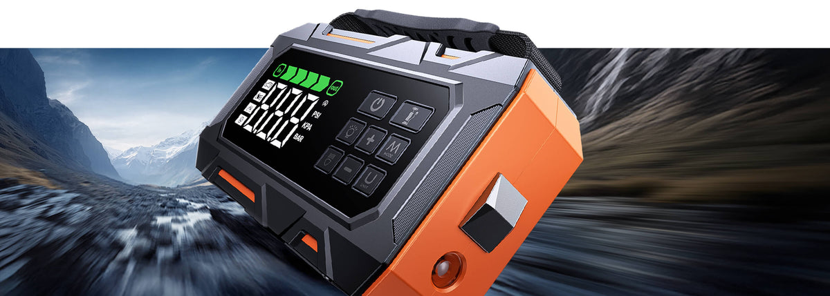 Buture Beta09 car jump starter in orange and gray with premium durable casing, side-mounted safety hammer, and long-range LED flashlight.