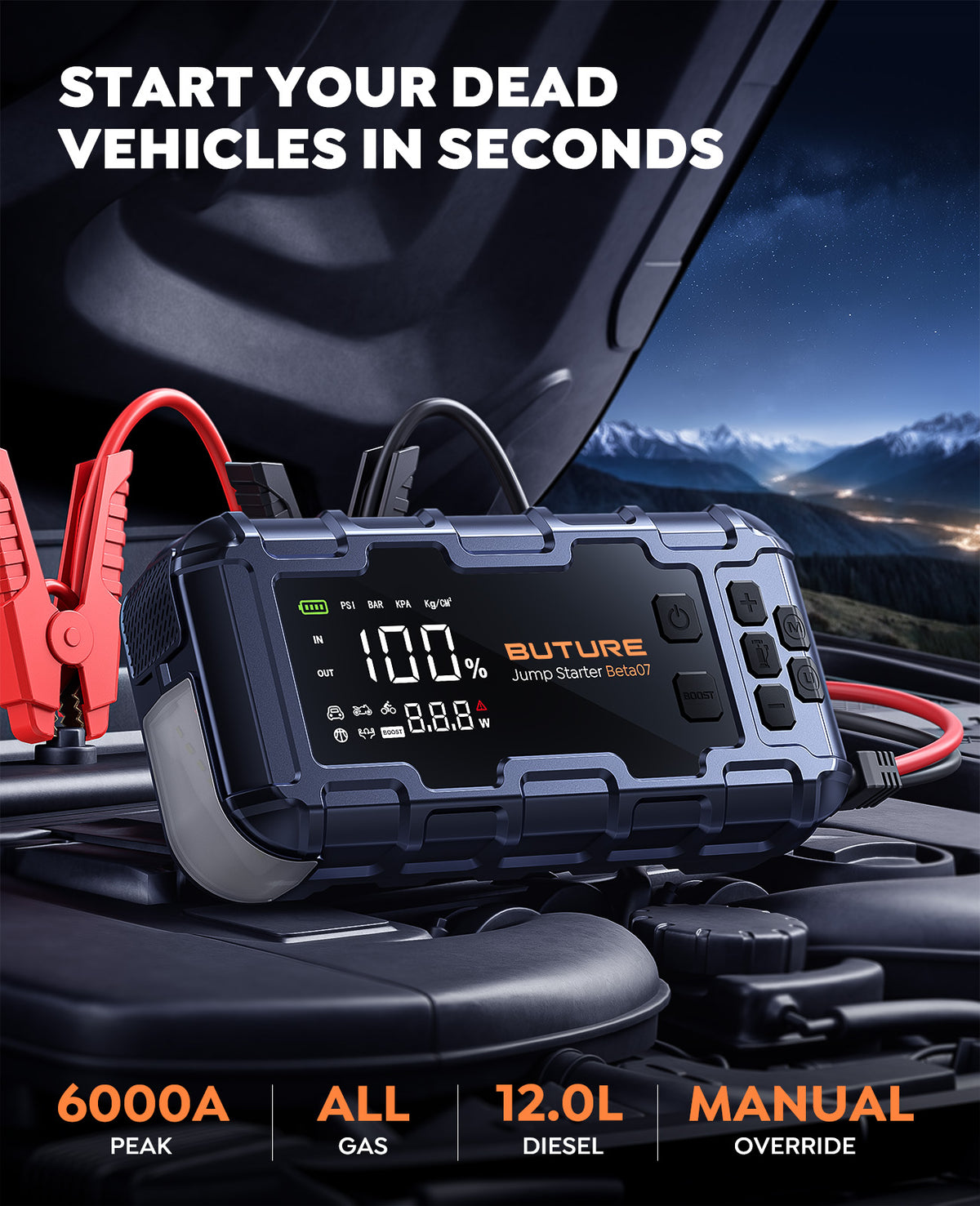 Buture Beta07 jump starter 6000A fits for all gas and 12.0L diesel engines, ensuring to start your dead vehicles in seconds.