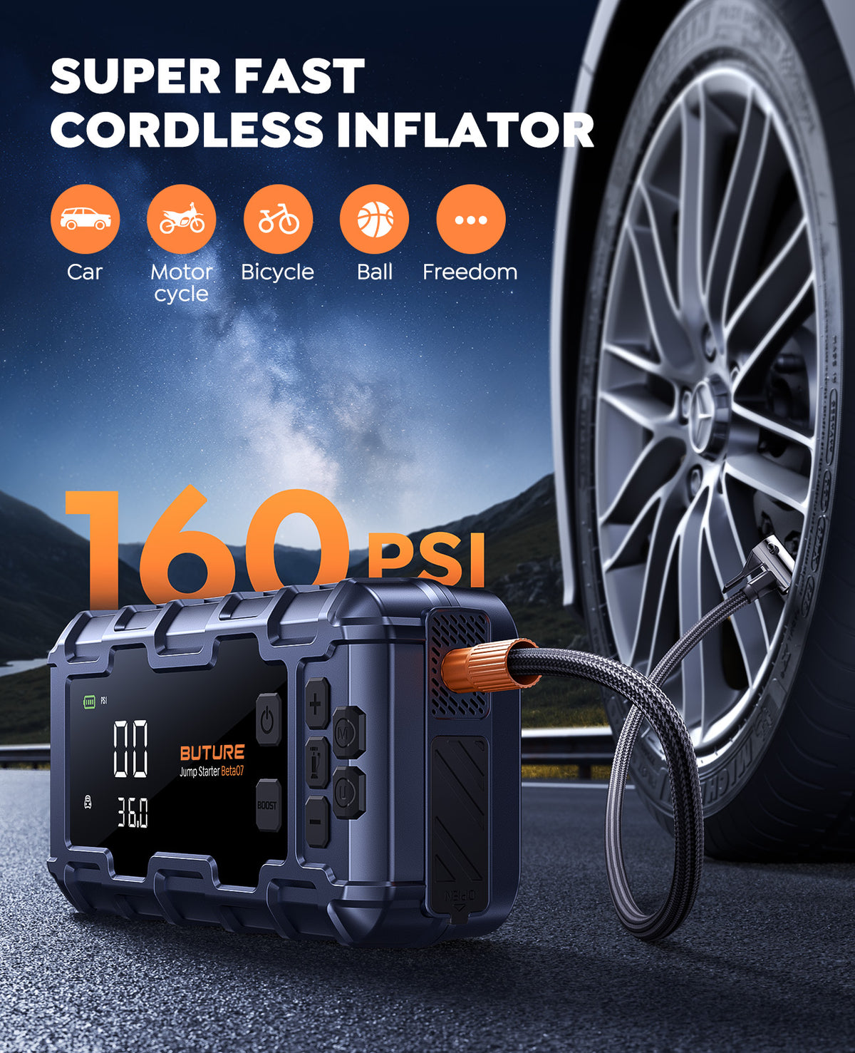 Buture Beta07 car jump starter with 160PSI air compressor for fast tire inflation, bikes, motorcycles & balls.