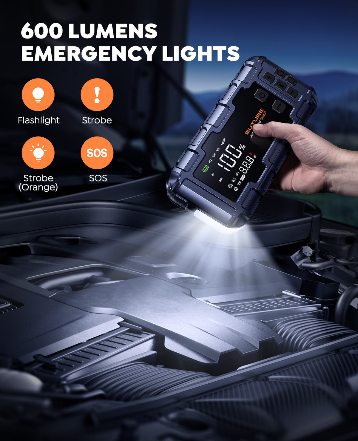 Buture Beta07 jump starter with 600-lumen emergency light, flashlight, strobe, SOS and orange warning modes.