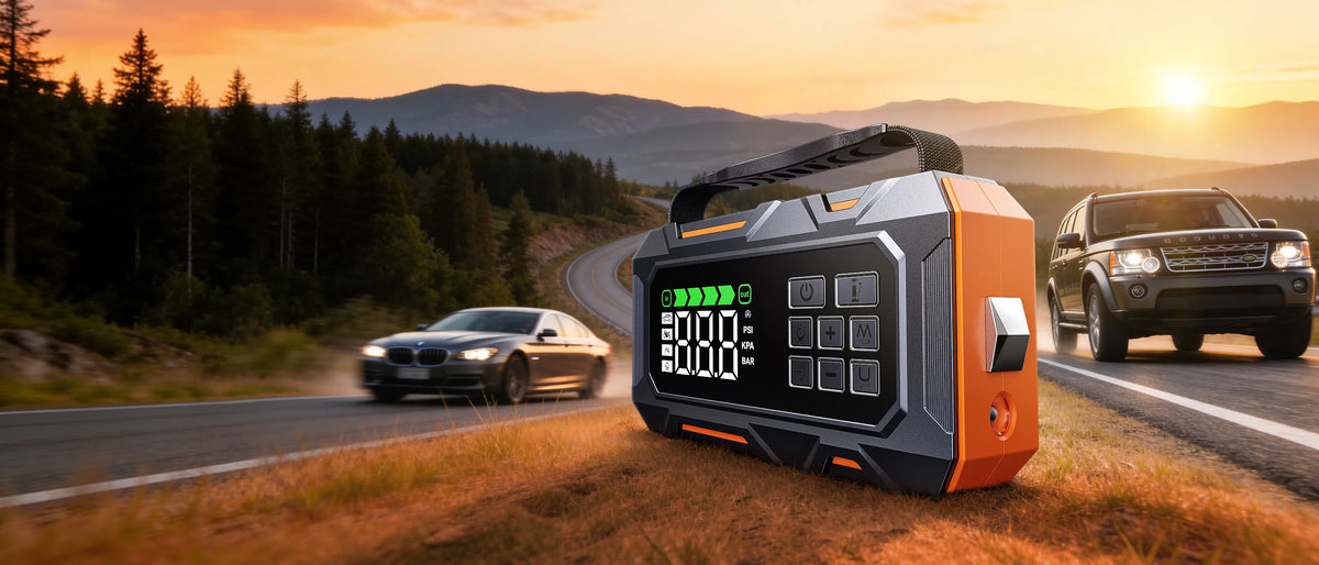 Buture Beta09 portable car jump starter with built-in tire inflator & large digital display, 8000A peak current, 26800mAh battery, compatible with all gasoline and 12L diesel vehicles