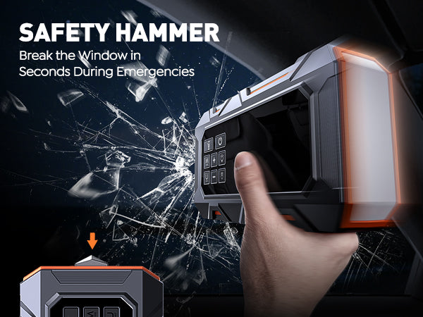 Buture Beta09 car jump starter with side-mounted safety hammer for emergency window breaking and safe escape.