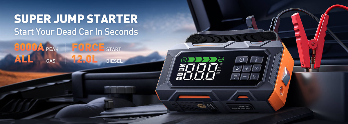 Buture Beta09 super jump starter with 8000A peak power, compatible with all gas and 12.0L diesel engines, starts dead cars in seconds.